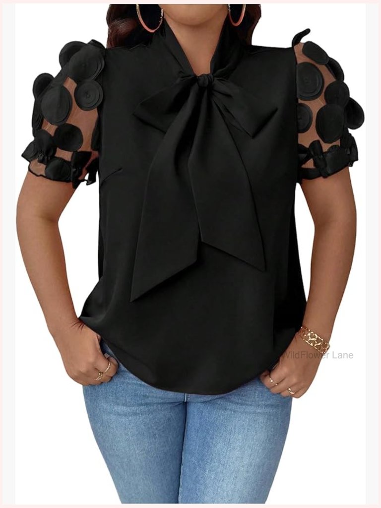 Plus Size Bow Tie Neck Blouse Mesh Short Sleeve Dressy Casual Work Top